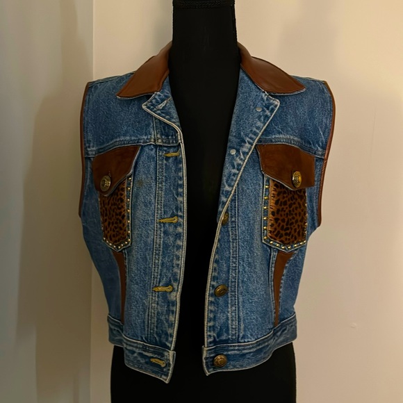 St. Maarten Dallas Vintage Women's Jean and Leather Animal Print Vest - Picture 1 of 8